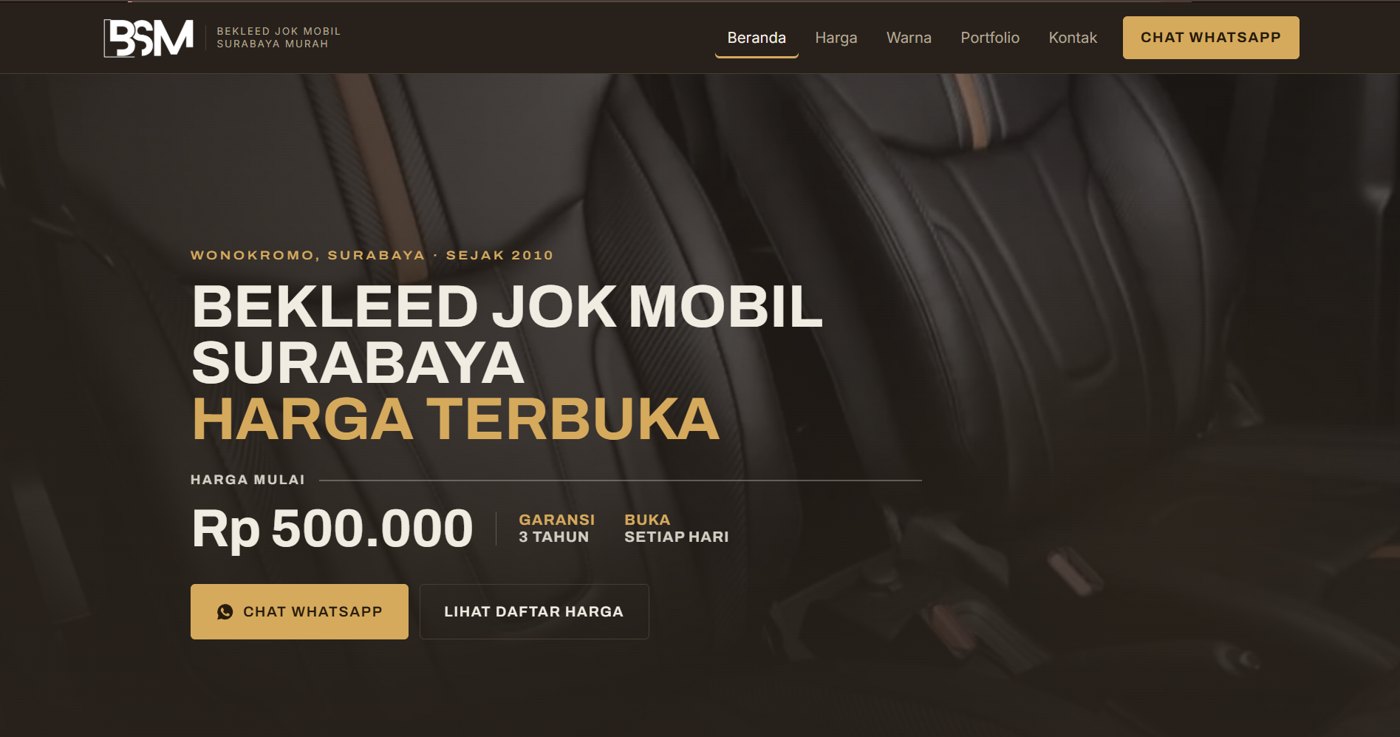 Homepage of BSM Bekleed Jok Mobil Surabaya, showing open pricing from Rp 500.000 and a WhatsApp call to action