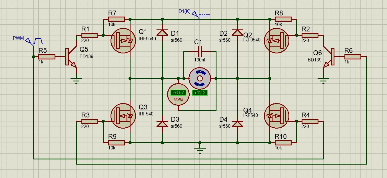 Proteus schematic of the discrete H-bridge: IRF9540 and IRF540 MOSFETs driven by BD139 transistors, SR560 flyback diodes and a 100 nF snubber across the DC motor