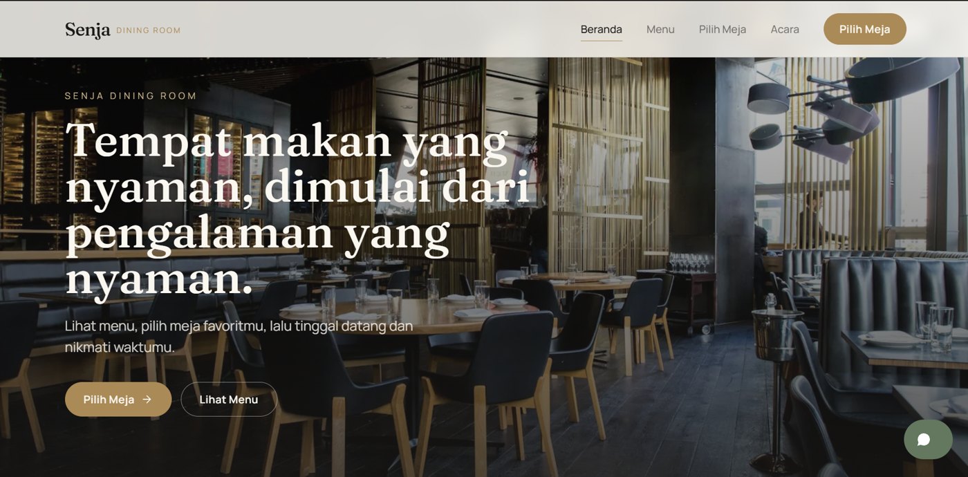 Senja Dining Room homepage with a restaurant interior and a button to pick a table