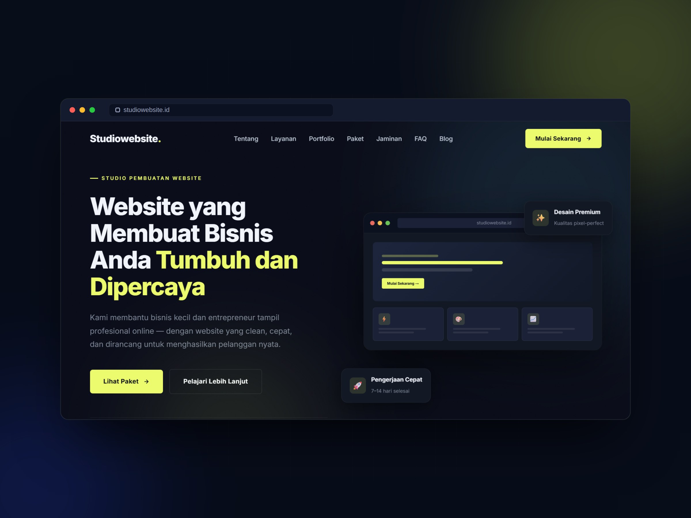 Studiowebsite.id homepage shown in a browser window